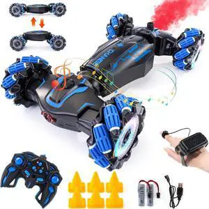 4WD Remote Control Gesture Sensor Car, Double-Sided Rotating 360° Flips Drift Car, 2.4 GHz Hand Control Car with Lights Music, RC Stunt Twist Car Birthday Presents for 6-12 Kids (Blue)