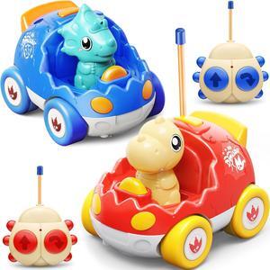 Dinosaur Toys for 2 3 4 5 6 Years Old, 2 Pack Remote Control Cars, Race Cars for Kids, Toddlers Dino RC Car Toys with Music, Xmas, Birthday Gifts for Boys&Girls(Red Blue)