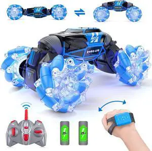 Powerextra LED Gesture Rc Car, 4WD 2.4GHz Remote Control Gesture Sensing Car, Double Sided 360° Rotating Transform Off Road Rc Stunt Car with Lights & Dance for 6-12 Year Old Boys & Girls
