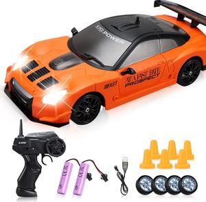 Remote Control Car, Drift RC Car 1/24 2.4GHz 4WD High Speed Orange RC Vehicle Cars Toys with LED Light and Drift Tires USB Charging for Boys and Girls Teens and Adults