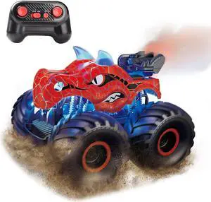 Threeking 1:18 Dinosaur RC Car Remote Control Cars Trucks Toy 4WD Off-Road Car Toys with Lights Spray Suitable for All Terrain Gifts Presents for Boys/Girls Ages 6+ Red