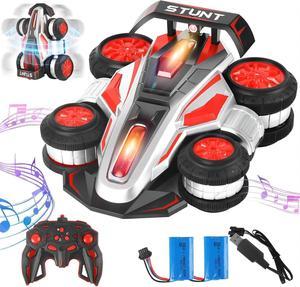 RC Cars, 2.4 GHz Fast Stunt RC Car, 4WD 360° Rotating RC Trucks with lights and music, High Speed Off Road Stunt Truck, upright walking cars, Remote Control Car Toy for 6-12 Boys and Girls(RED)