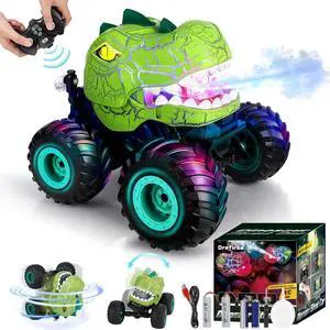 Remote Control Dinosaur Car for Boys Age 4-7 8-12, 50min+ Runtime Monster Truck Toy with Spray, Light, Music, 360 Rotating, 90 Driving, All Terrain Dinosaur Toy for Kid Birthday Xmas Gift