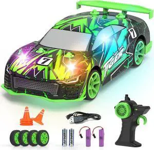 FLYNOVA Remote Control Car,Drift Car Toys for Boys 5-7,14KM/H High Speed Racing Vehicle with Body Lights,2.4Ghz RC Toys for Girls,Gifts for Kids Teens Birthday Christmas,2Pcs Rechargeable Batteries