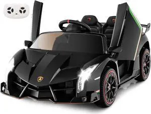 INFANS 2 Seater Kids Ride on Car, 12V 4WD Licensed Lamborghini Veneno Powered Electric Vehicle with Hydraulic Doors, Rocking Mode, Adjustable Speeds, Remote Control, MP3, Headlight (Black)