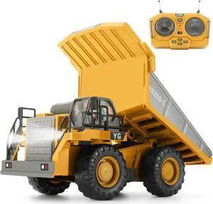 Remote Control Dump Truck, RC Construction Vehicle for Kids with 9 Channel Metal Bed Light Sound & Rechargeable Battery, Electric Transport Garbage Truck Toy for Toddlers Boys Girls Age 3+