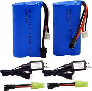 Blomiky 2 Pack H101 7.4V 2S 15C 1500mAh Battery with SM 2P Plug and USB Charger Cable for H105 H103 H101 Remote Control RC Boat H101 Battery and USB 2