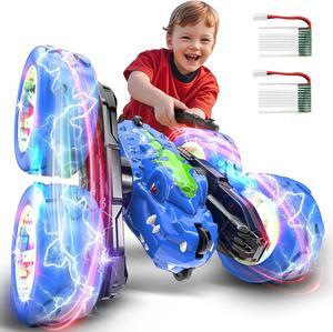 Remote Control Car for Boys Age 4-7, Toys for Ages 5-7 8-13, Rechargeable RC Cars 360° Flip Double Sided RC Stunt Cars with Cool Light, Dinosaur Toys for Kids Birthday Xmas Gifts, Blue