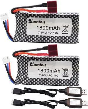 Blomiky 2 Pack 7.4V 1800mAh 13.32Wh Li-PO Rechargeable Battery with Deans T Plug and Charger Cable for 1/10 Scale 4WD 9201E 9125 RC Cars Trucks 7.4V 1800mAh 2