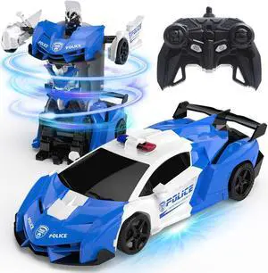 DEERC Transform Remote Control Car,2.4GHz Robot RC Cars,1:18 Scale Police Car Toy One-Button Deformation & 360° Rotating Drifting for Kids Boys Age 4-7 8-12 Birthday Xmas Gift