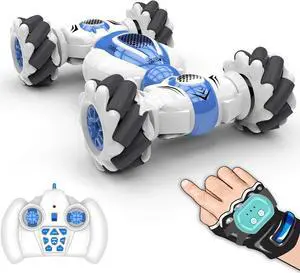 GoolRC RC Stunt Car, 2.4GHz 4WD Remote Control Car, Watch Gesture Sensor Car, Deformable All-Terrain Off Road Car with 360° Flips and Double Sided Rotating, Electric Toy Car for Boys and Girls (Blue)