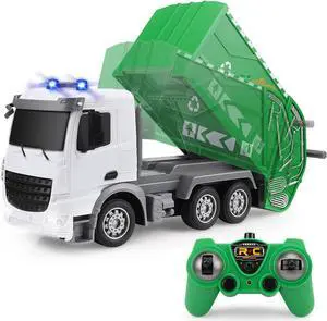 2.4Ghz Remote Control Garbage Truck Toys, RC Trash Truck Toys for Boys with Trash Bin Real Lights, 1/24 Scale 6 Channel Rechargeable Recycling Truck Gift for Kids