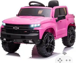 12V Electric Car for Kids,Licensed Chevy Silverado Truck Kids Ride On Car with Remote Control Battery Powered Electric Vehicle Toy Car, 4-Wheeler Suspension, Music& Lights, 3 Speeds(Pink)