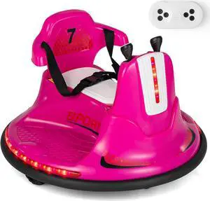 Costzon 12V Kids Ride On Bumper Car, Electric Bumper Car w/Dual Joysticks, Remote Control, 360° Spin, Slow Start Function, LED Lights & Fun Music, Adjustable Safety Belt, Soft Bumper (Pink)