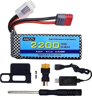 11.1V 2200mAh 30C 3S T-Plug Lipo Battery with USB Charger for MJX H16 H16P H16E H16GT H16BM H16DR H16PL 14301 RC Car, High-Speed Drift Model Toy Car Upgraded Battery (1PCS Battery+1 USB)