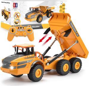 DOUBLE E Volvo RC Dump Truck Toy for Kids, Articulated Hauler, Remote Control Construction Toys Vehicles with Lights, Birthday Gifts Ideas for Boys Age 6 7 8 9 10 Year Old and up