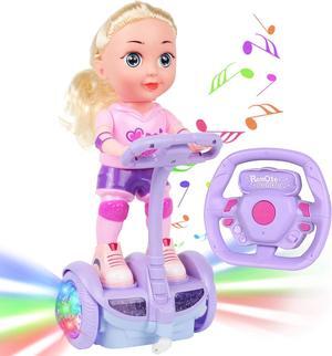 Doll Set with Remote Control Toy Electric Scooter for Kids with LED Lights Music and 360° Rotation