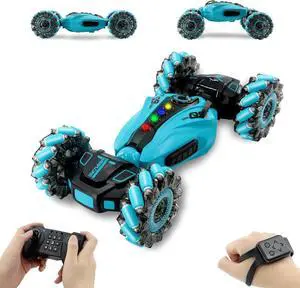 RC Stunt Car, 2.4GHz Remote Control Gesture Sensor Toy Cars, Double Sided Rotating Off Road Vehicle 360° Flips with Cool Lights, Spray Musicfor Boys and Girl 8-12 Year OldBlue