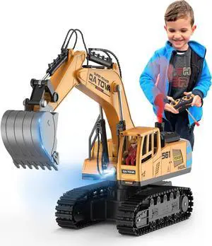 Remote Control Excavator Toys for Boys- Movable Claw Digger Trucks with Spray & LED, 11 Channel 2.4GHz Full Function Remote Control Crane for 6-12 Year Old Kids Christmas Birthday Gift