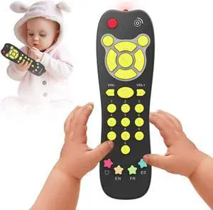 KALUYA Baby TV Remote Toy, Toddlers Remote Control Toy Kids Realistic Play Remote Early Educational Baby Musical Toys with Light and Sound English French Spanish for Infant Boys Girls 6 Month+, Black