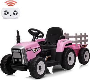 12V Kids Battery Powered Electric Tractor with Trailer, Toddler Ride On Car w/Remote Control/ 7-LED Headlights/ 2+1 Gear Shift/ MP3 Player/USB Port for Kids 3-6 Years (Pink, 25W/ Tread Tire)