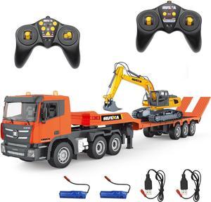 Fistone RC Semi Truck & Excavator Toy Set, 2.4Ghz Remote Control Flatbed Truck with Excavator Toys, 1:24 RC Semi-Trailer Engineering Tractor with Sound and Lights, Construction Vehicles Toy for Boys