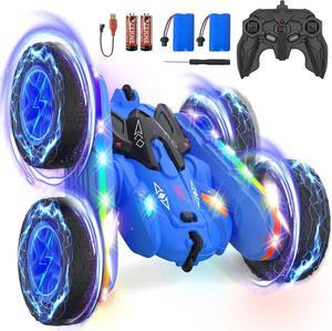Remote Control Car,2.4Ghz RC Stunt Car with Light Strip,4WD Off Road RC Crawler,Double Sided Hand Remote Control Car 360° Rotating Recharge RC Stunt Car Toy for Boys Girls 6-14 Birthday (Blue)