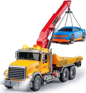 haomsj Big Tow Trucks Toy Trucks with Hook and Car for Boys Pull Back Truck Toys with Light and Sound for Kids (1:18 Plastic Tow Truck)