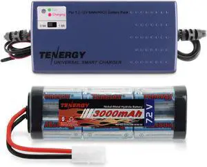 Tenergy 7.2V RC Battery Pack 3000mAh High Capacity 6-Cell NiMH Flat Battery Pack w/Standard Tamiya Connector + 7.2V-12V (6S-10S) Universal Battery Charger for NiMH/NiCd Battery for RC Cars