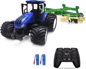RC Truck Farm Tractor with 2 Rechargeable Batteries - 2.4G 1/24 High Simulation Construction Vehicle with Dual Rotary Swath WindrowerRemote Control Toy with Lights, Hobby Model Toys for Kids 3-6
