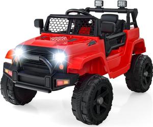 OLAKIDS Kids Ride On Truck, 12V Electric Vehicle Jeep Car with Remote Control, Toddlers Battery Powered Toy with 2 Speeds, Spring Suspension, Double Open Doors, LED Lights, Music, TF,USB, Mp3 (Garnet)