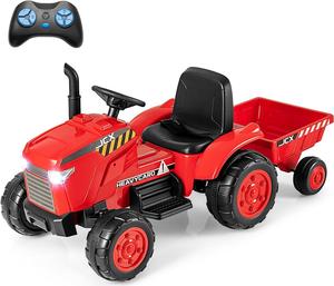 Costzon 2-in-1 Ride On Tractor, 12V Kids Ride on Car w/Detachable Trailer, Remote Control, Wireless Connection, Horn, Music, Lights, Spring Suspensions, Tractor Toys for Kids 3-8 (Red)