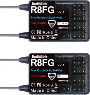 Radiolink R8FG V2.1 8 Channels Gyro Receiver 2pcs, 2.4GHz 600m Long Range Control Voltage Telemetry, Water-Splash RX for RC Remote Controller RC8X/RC6GS V3/RC4GS V3 RC Crawler Car Boat