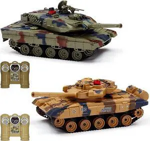 Fistone RC Battle Tank Set, 1/24 Scale 2.4G Remote Control T90 Tank and Leopard Battle Tank with Realistic Sounds, Lights, Life Indicators and Spray Military Toys for Kids and Adults