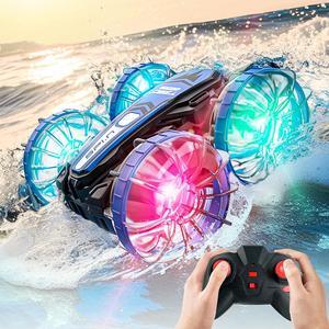 BEZGAR Amphibious Remote Control Car Boat- 2.4GHz Gesture Sensor, 4WD Remote Control Car with LED Lights, Waterproof RC Stunt Car, Birthday Christmas Toys for Kids