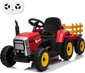 sopbost 12V 7Ah 2WD Kids Ride On Car with Remote Control Electric Ride On Toys Car Battery Powered Ride On Tractor with Detachable Trailer, LED Light, Music Player, Red & Yellow