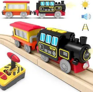 Motorized Train for Wooden Track, Remote Control Train with Magnetic Connection, Battery Operated Locomotive Train Set Compatible with Thomas, Brio, Chuggington - Train Toys for Toddlers