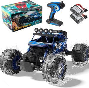 1:10 Big Amphibious RC Truck, IPX6 Waterproof 30 Km/h 4x4 Off-Road RC Rock Crawler, RC Monster Truck with Al alloy shell & LED Light, 2.4GHz All Terrain RC Cars with 2 Batteries 100Mins Play (Blue)