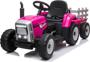 SEHOMY Pink Kids Ride on Tractor with Trailer and Dual 25W Motors, 12V Battery Powered Electric Kids Vehicle Car with Remote Control, 3-Gear-Shift, Music, LED Lights,USB, Four Wheelers for Girls
