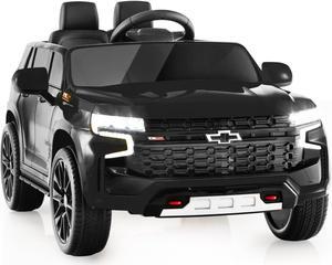 HONEY JOY Ride On Truck, 12V Licensed Chevrolet Tahoe, Chevy Electric Vehicle for Kids, Soft Start, Music, Lights, Battery Powered Ride On Car Toy with Remote Control, Gift for Boys Girls (Black)