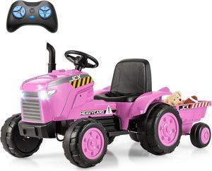 HONEY JOY Kids Ride On Tractor, 12V Battery Powered Electric Tractors with Trailer, LED Lights, Music, 3-Gear-Shift Ground Loader, Toddler Ride On Car with Remote Control (Pink)
