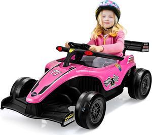 OLAKIDS 12V Ride On Car for Kids, F1 Racing Electric Vehicle for Toddlers with Remote Control, Battery Powered Motorized Toy with Music, Horn, 2 Speeds, Wheels Suspension, LED Lights, MP3 (Pink)