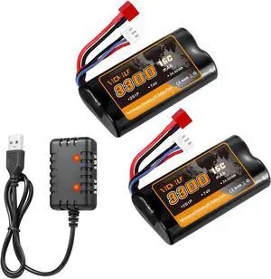 7.4V Li-ion Battery 3300mAh High Capacity RC Battery with Deans T Plug 2S Rechargeable Battery with 1 to 2 USB Charger Fit for WLtoys 4WD High Speed RC Cars Most 1/10, 1/12, 1/16 Scale Trucks