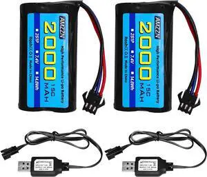 2PCS 7.4V 2000mAh 15C 2S SM-3P Plug Lipo Battery with USB Charging Cable for DE43 DE60 9500E RC Car Truck Huina 1575 RC Engineering Vehicle RC Toy Car Battery (2PCS Battery+2USB)