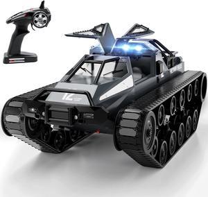 RC Tank Car, 1:12 Remote Control Crawler 12KM/H High Speed Tank, 2.4Ghz RC Rock Crawler Off-Road 4WD 360°Rotating Drifting Car with Rechargeable Battery,Military Truck Toy for Adults and Kids
