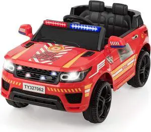 Costzon Ride on Car, 12V Fire Fighter SUV Vehicle w/Remote Control, Siren Flashing Light, Horn Music, Intercom, Spring Suspension, 3 Speeds,USB, 4 Wheeler Fire Fighter Truck, Kids Cars to Drive (Red)