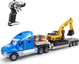 2.4Ghz Remote Control Semi Truck with Excavator-21.7 Inch RC Semi Truck Toy for Kids, Flatbed Truck with Excavator, 1:16 Scale Rechargeable Batterie Fast Speed Semi Truck with Excavator Toy
