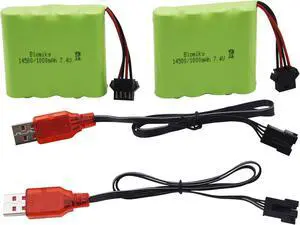Blomiky 2 Pack 7.4V 1000mAh Li-ion Rechargerable Battery with SM-4P Plug and Charger Cable Suitable for DE36W DE65 1809 RC Cars / DE36 Battery 2
