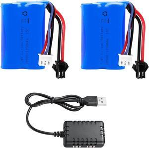 H101 RC Boat Battery 7.4V 1200mAh Li-ion Battery SM2P Plug with 1 to 2 USB Charger Compatible with Most RC Boat RC Cars Trucks Rechargeable Batteries 2PACK