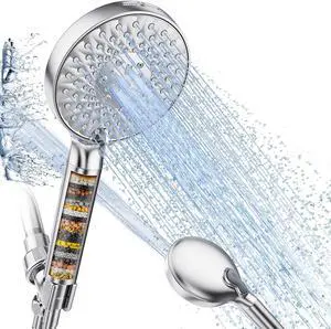 Filtered Shower Head with Handheld High Pressure 9 Spray Mode Chrome Showerhead with Filters detachable shower head Water Softener Filters Beads for Hard Water -Remove Chlorine